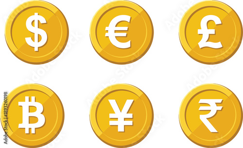 Global currency and cryptocurrency gold coin icons set: dollar, euro, pound, bitcoin, yen, rupee symbols, financial money vector illustration