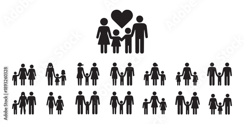 Family and parents with children vector icon set, different types of family relationships
