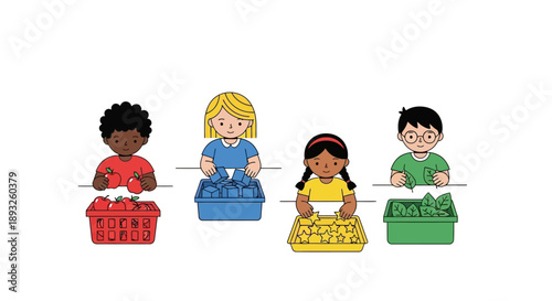 Children sorting fresh produce into colorful bins, representing healthy eating and education