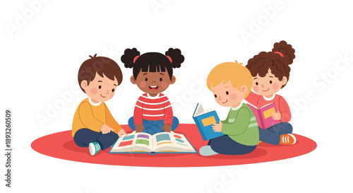 Diverse group of young children sitting on a rug, happily reading books together, fostering a love for learning and imagination