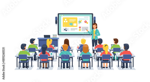Dynamic classroom scene depicting a teacher engaging students with an interactive digital presentation screen, highlighting modern educational technology and collaborative learning environments