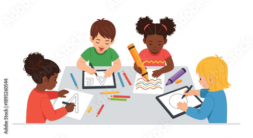 A vibrant and diverse group of happy young children joyfully engaged in a creative drawing and coloring activity around a shared table, fostering imagination and early learning