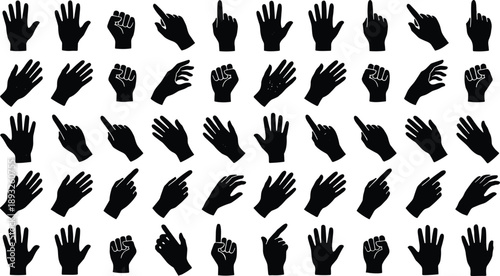 Black hand gesture silhouette icons set, human hands showing pointing, fist and open palm symbols for communication, UI, signage and graphic design