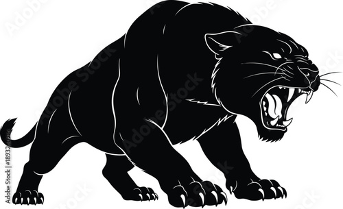 Menacing Black Panther Illustration Displaying Aggressive Posture and Fierce Expression in a Dynamic Crouching Position