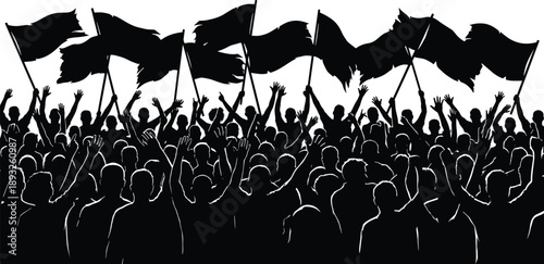 Crowd protest silhouette illustration with waving flags and raised hands, public demonstration concept, people gathering for activism, freedom and social movement themes