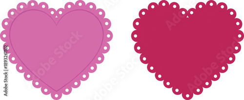 Decorative heart label illustration set with scalloped edges and dotted border, romantic love sticker shapes, pink and red vector design