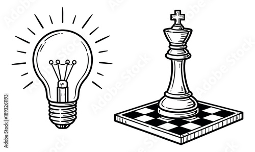 Hand drawn line art concept set featuring a glowing light bulb and a chess king for business strategy and creative thinking