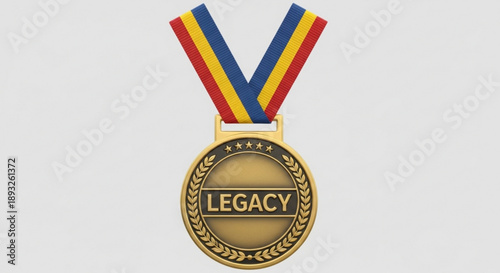 Golden legacy medal with colorful ribbon on light background