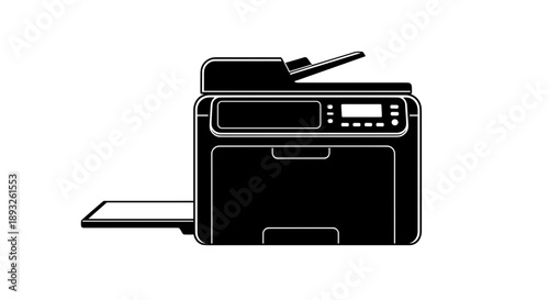 Black Multifunction Printer Icon on White Background.