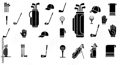 Golf icon set with clubs, bags, balls, gloves, caps, and equipment