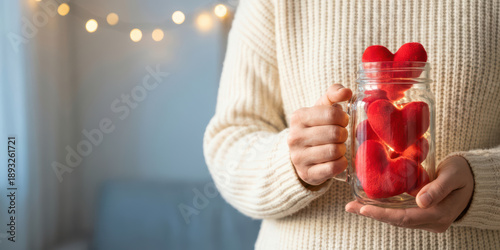 Hand jar love emotion thank with gratitude bokeh light charity care holiday concept valentine gift nubes feeling cute heart present tender glow support