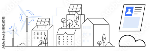 Renewable energy concept. Renewable city infrastructure with solar panels and wind turbines clean energy. Renewable digital ID integration for sustainability. Topics energy, cities, technology