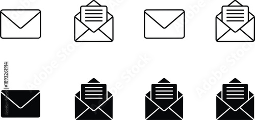 Email envelope icons set with open closed outline and solid styles for messaging communication and mail design
