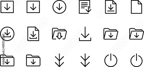 Download line icon set with arrows files folders documents and power symbols for web app interface design