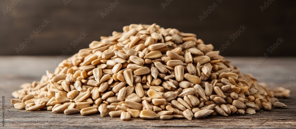 Obraz premium Hulled sunflower seeds on wood; rustic background