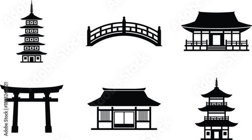 Traditional Japanese architecture silhouette icon set: pagoda towers, torii gate, arched bridge, shrine and temple buildings, Asian cultural landmark vector collection