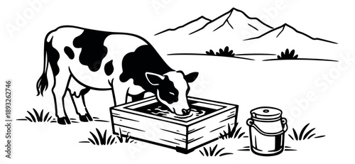 Hand drawn line art illustration of a cow depicting drinking water from a trough for farming and rural themes