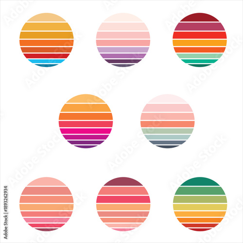 Retro Sunset Circle Graphic Icons Vector Set