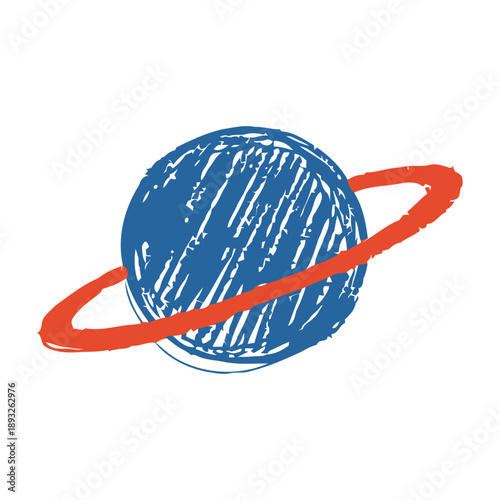Hand drawn Blue Planet with a Vibrant Red Ring on White Background