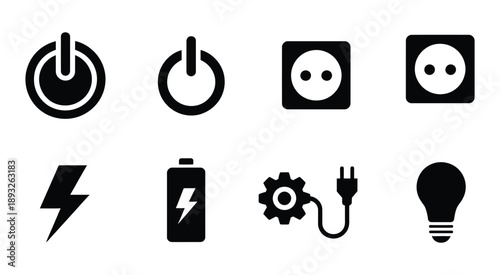 Black power icons set showing ranked battery level indicators, on and off charging states, electrical connection symbols, energy status graphics