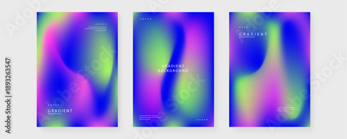 Abstract futuristic poster set using deep blue and purple neon gradients with fluid motion effects for tech and music events