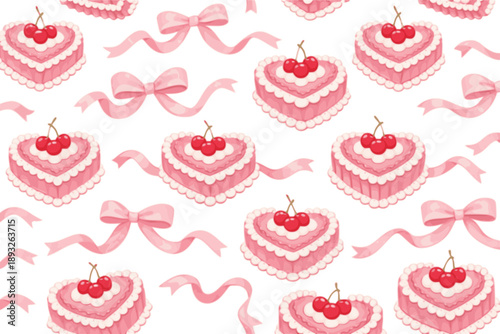 Coquette seamless pattern with hand drawn ribbons and bows, heart shaped cakes and cherry. Cute vintage print. Preppy girly background for Valentine's day, wedding, birthday, wrapping paper. 
