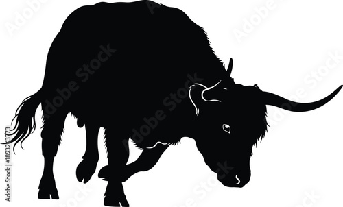 Black silhouette illustration of a powerful bull charging forward with aggressive posture and sharp horns