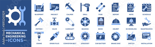 Mechanical engineering icon collection set. Containing blueprint, project, caliper, drill, fuse, report, note and more. Solid vector icons collection