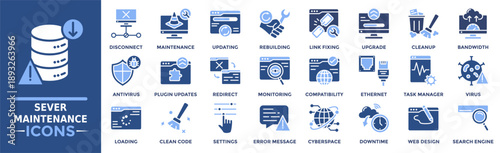 Server Maintenance icon collection set. Containing disconnect, maintenance, updating, rebuilding, virus, task manager, loading and more. Solid vector icons collection