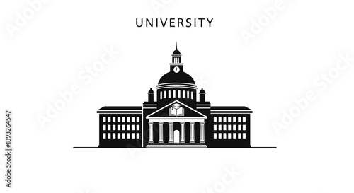 Classic University Building Facade with Dome and Clock Tower.