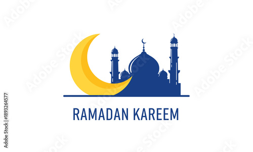 Ramadan Kareem Mosque Illustration with Crescent Moon.