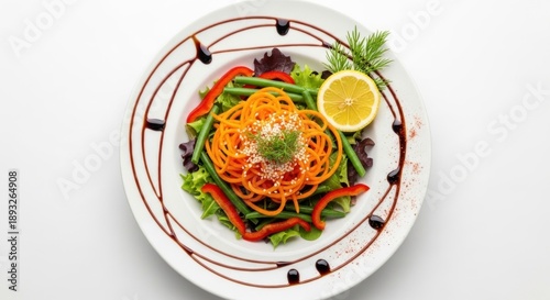 Gourmet vegetable salad with carrot spirals, lemon, and balsamic glaze.