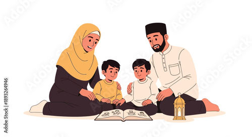 A Muslim family of four sit together on a mat reading the Qur'an with a lantern nearby in a warm and intimate setting.