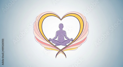 Serene person meditating in lotus position within heart symbol with wings