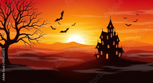 Spooky Castle with Bats and Tree Silhouette.