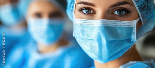 Surgeon's intense gaze, masked team in background, hospital setting, medical stock photo