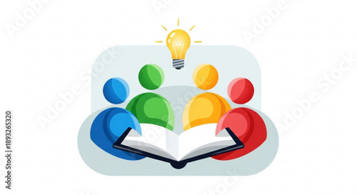 Diverse people around an open book with a lightbulb above teamwork concept