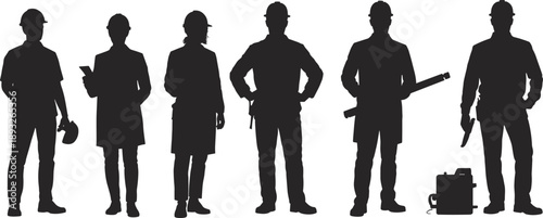 Construction workers silhouette set with engineer, builder, and technician figures wearing safety helmets and holding professional tools