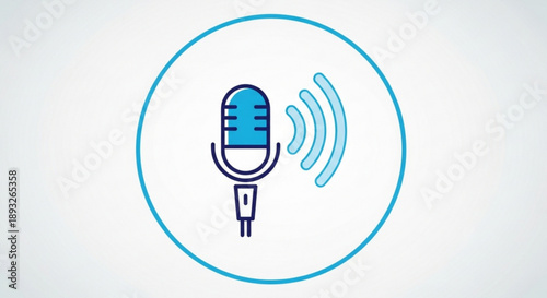 Blue microphone icon with sound waves in a circle on white background
