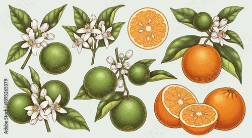 Oranges and Orange Blossoms Illustration.