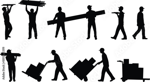 Construction workers silhouettes carrying building materials, manual labor activities, logistics handling, industrial workforce actions isolated on white background
