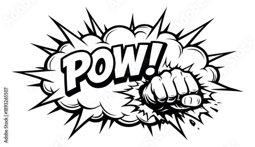 Hand drawn line art illustration of a comic book style pow sound effect and a punching fist depicting a forceful impact for action-themed designs