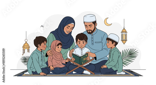 A Muslim family with kids gathered around a book, reciting the Koran together on a prayer mat with a Ramadan lantern in the background, conveying a happy and peaceful mood.