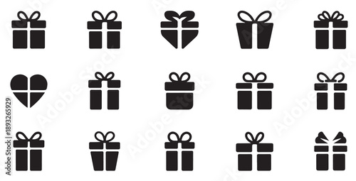 Collection of gift boxes with bows, celebration presents and holiday surprise icons