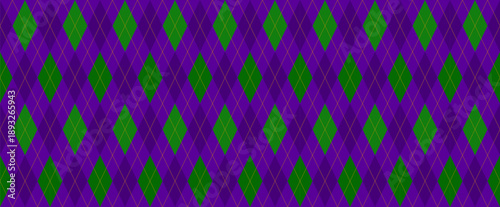 Mardi Gras Wide Background. Purple, Green, Gold Argyle Seamless Vector Pattern. New Orleans Carnival Style Masquerade Backdrop. Pattern Tile Swatch Included.