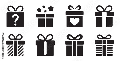 Christmas present box icons with ribbon bows and festive decoration for holiday celebration