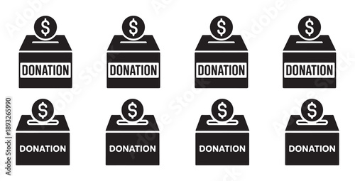 Set of donation boxes with dollar coin icons, financial contribution, charity fund, help
