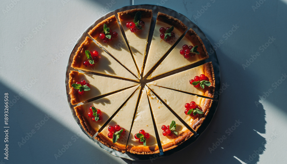 Obraz premium Top-down view of a beautifully sliced cake with floral accents, basking in natural light and shadows, inviting a moment of sweet indulgence and celebration