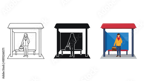 Woman waiting for bus at bus stop shelter, different styles outline, silhouette, and color illustration