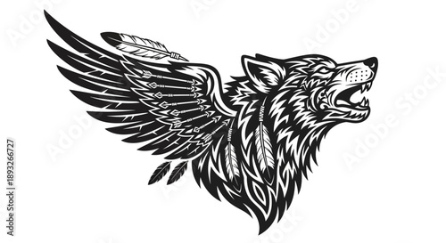 Black and White Wolf with Wings Illustration.